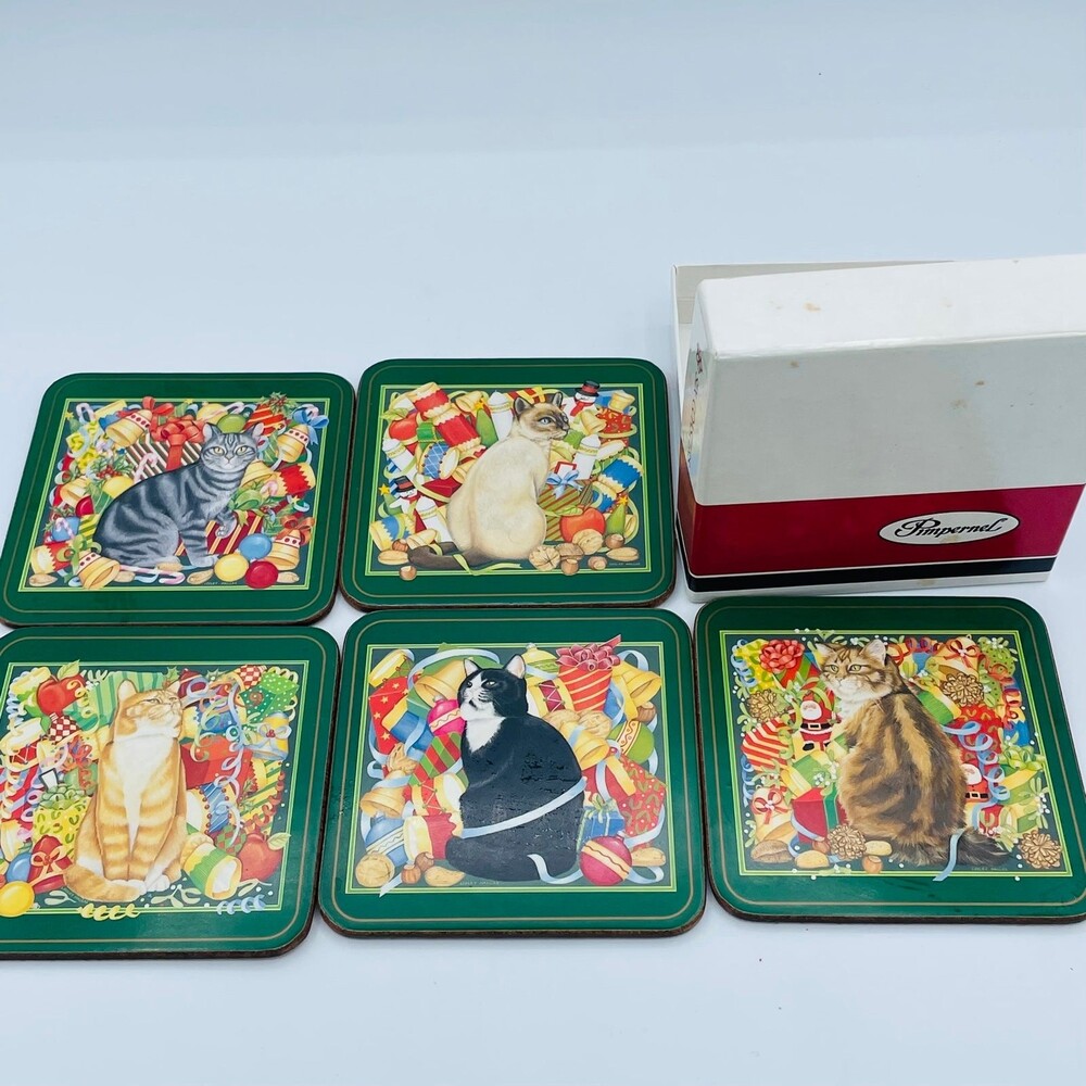 PIMPERNEL Christmas Cats Collection of 5 Holiday Cat Coasters w/ Box England